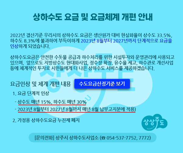 022년 결산기준 우리시의 상하수도 요금은 생산원가 대비 현실화율이 상수도 33.5%, 하수도 8.3%에 불과하여 부득이하게 2023년 8월부터 2027년까지 단계적으로 요금을 인상하게 되었습니다.